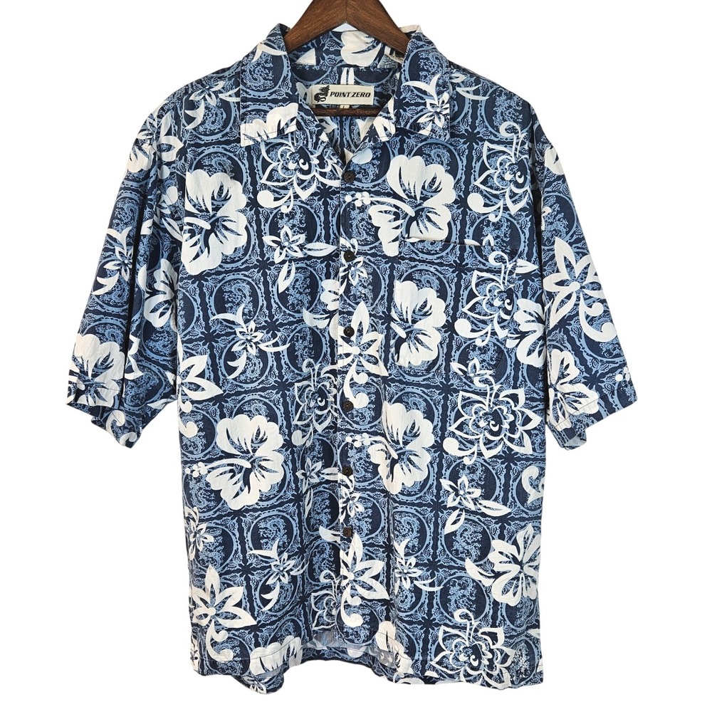 Point Zero Mens Large Hawaiian Shirt Blue Floral Tropical Cotton Button Up Nepal